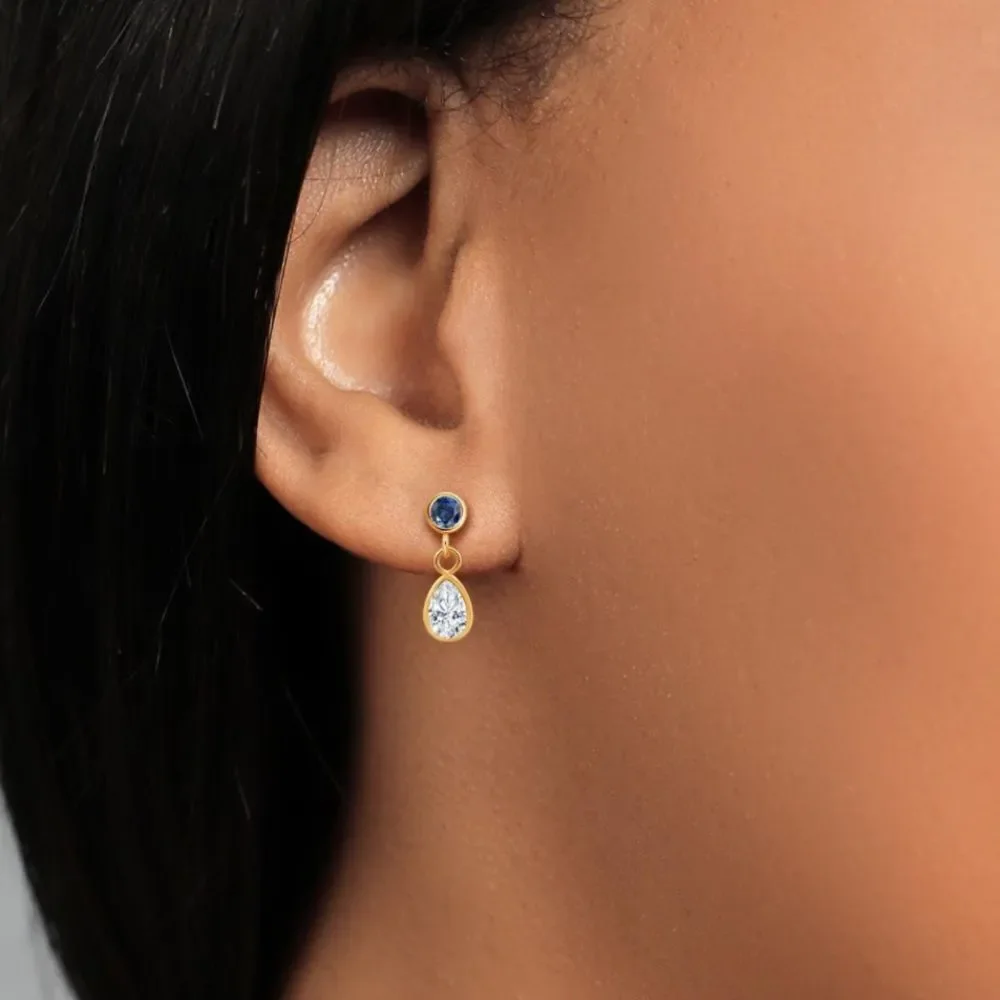 14K Yellow Gold with 1.08 Cttw White Moissanite and Royal Blue Sapphire Earrings